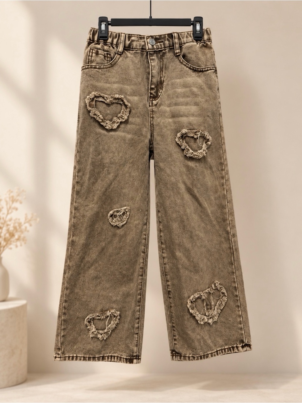 SHEIN Taupe-Brown wide leg Jeans with Distressed Heart Patches 11 Y